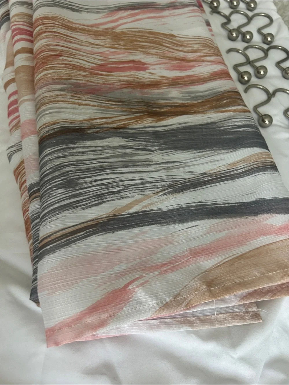 Shower Curtain fabrics white gray, taupe with silver rings. Mainstay, pre owned
